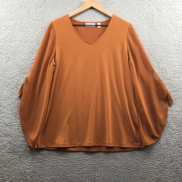 Susan Graver Liquid Knit Top with Chiffon Sleeves, Rust, S - Picture 1 of 4